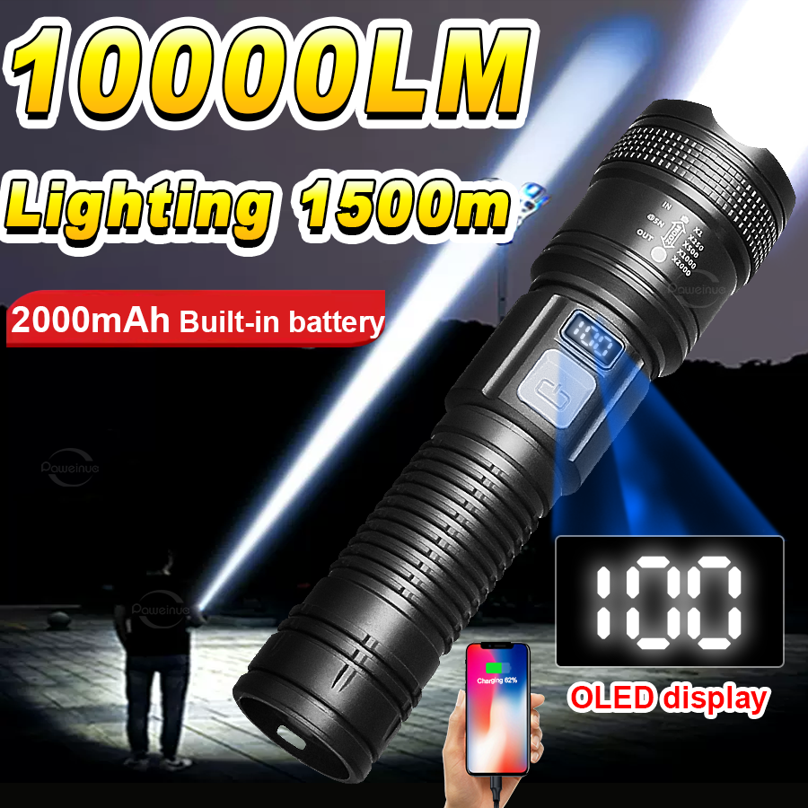 2025 10000LM Powerful LED Flashlight Built-in Battery Power Bank Rechargeable Camping Fishing Lantern Super Bright LED Flashlight