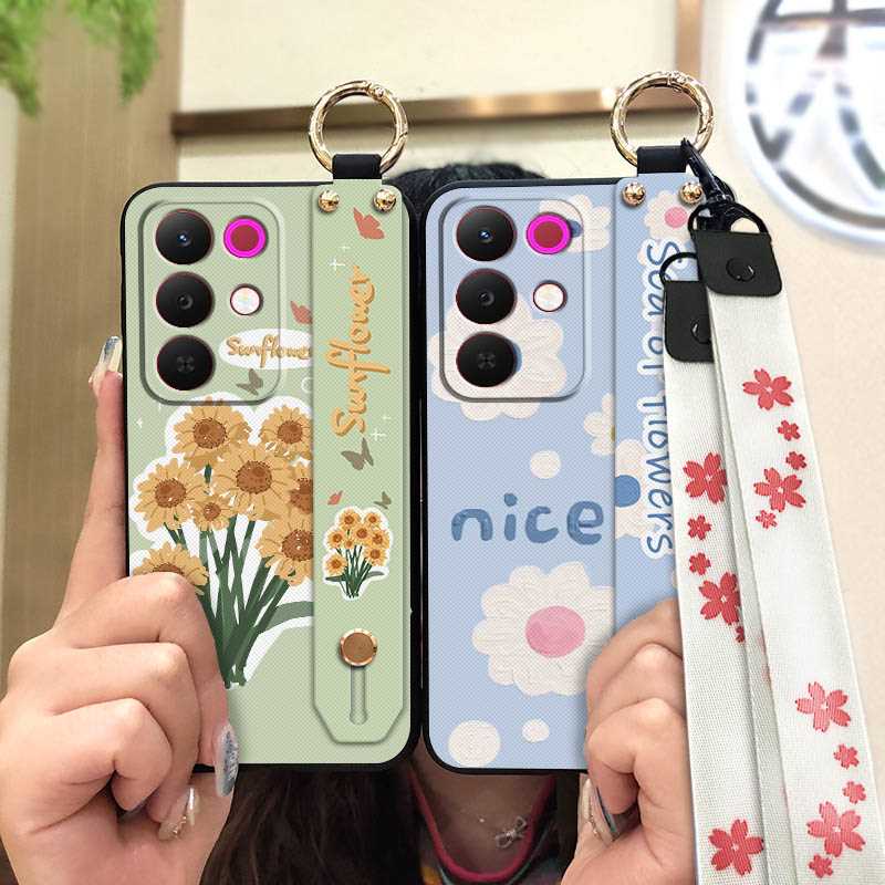 Durable Wrist Strap Phone Case For Realme15X 5G Global Flower Dirt-resistant Lanyard Phone Holder Kickstand Anti-knock