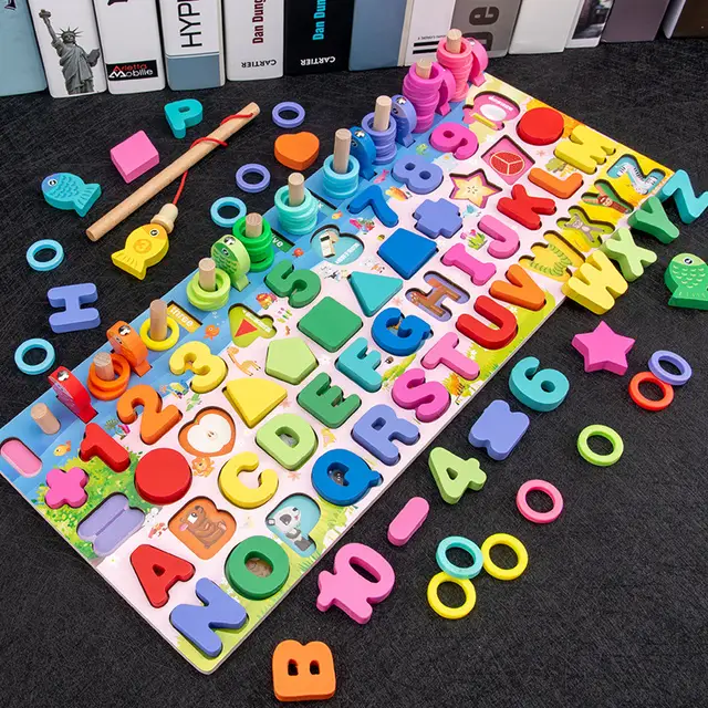 Bizzy 6 in 1 logarithmic wooden board , 26 Alphabet , Numerical, counting , shapes , signs , maths , english , fishing , montessori kids/toddler learning early education toy ,DIY sorter, Puzzle rainbow colours , rings, maths , multifunctional pairing boar