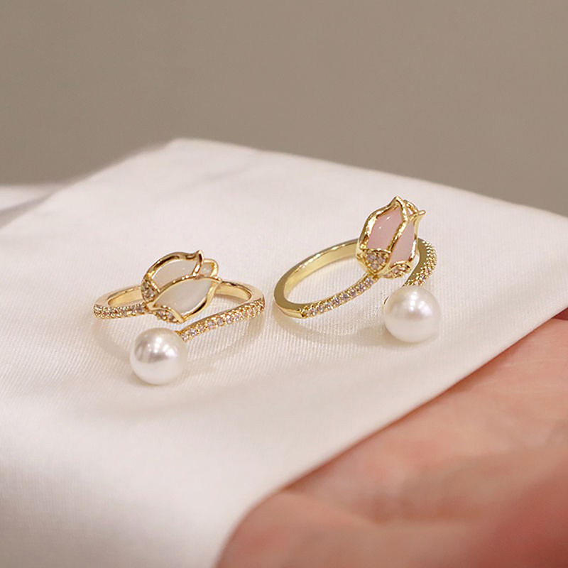 Fashion Tulip Flower Imitation Pearl Rings For Women Elegant Light Luxury Zircon Adjustable Opening Ring Wedding Party Jewelry ANLAN