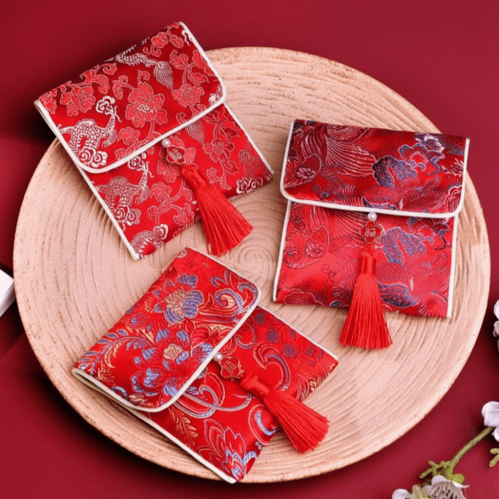 Traditional New Year Blessing Words Brocade Red Envelope Tassel Spring Festival Money Pocket Flowers HongBao New Year Money Bag Lady Girls Women