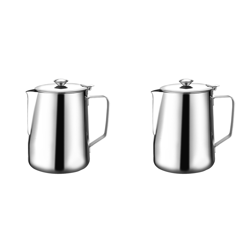 OUMERY 2X 350Ml Stainless Steel Milk Frothing Pitcher with Lid Espresso Coffee Cappuccino Milk Cream Cup Frothing Jug