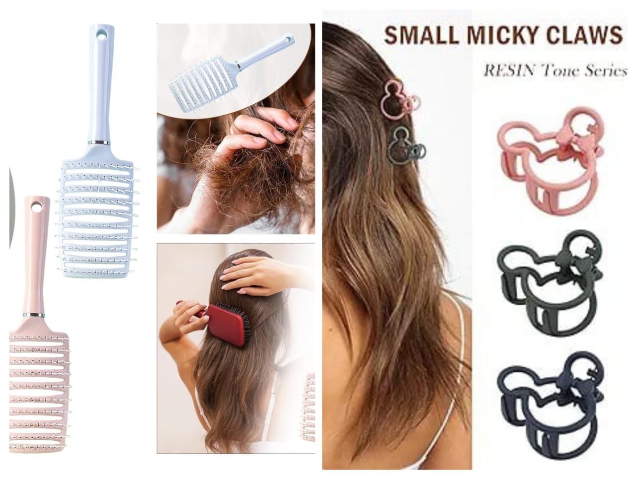 2Pcs Combo Set Vented Detangling Brush And Mickey Mouse-Shaped Hair Caw Clips.