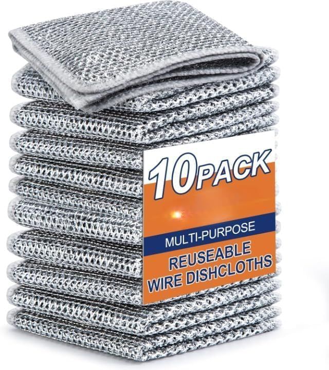 Pack of 10 Multipurpose Wire Dishwashing Rags for Wet and Dry Stainless Steel Scrubber for Utensils Non-Scratch Wire Dishcloth for Washing Dishes Sinks Counters Easy Rinsing Machine Washable