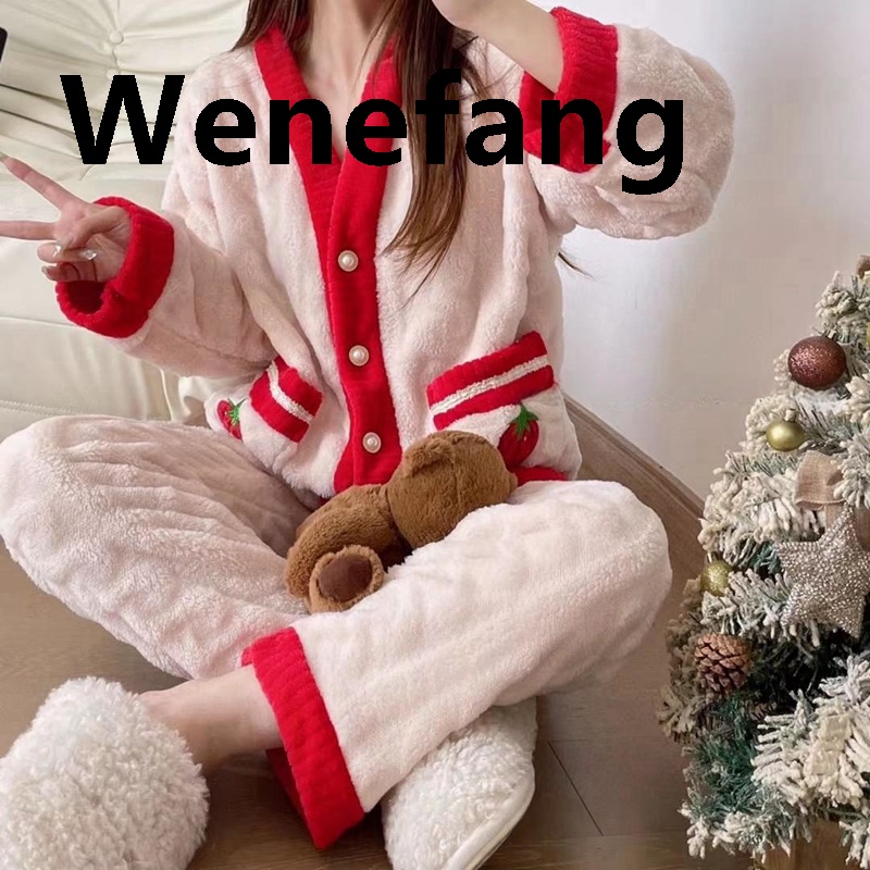 Wenefang Strawberry Print Sleepwear Women Pajamas Set Winter Fleece Velvet Portable 2 Pieces Home Suit Sleep Fluffy Korean Piiama Warm Night Wear