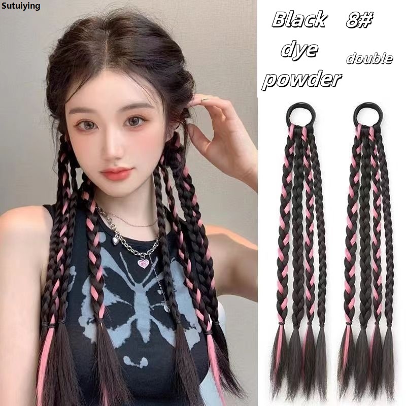 Sutuiying Synthetic wig female high ponytail braid sweet cool natural Fried New Dough Twists long braid color highlights four ply boxing