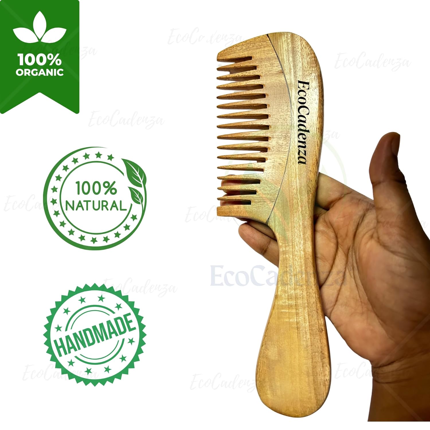 EcoCadenza Neem Wood Wide Tooth Detangling Comb with Handle for Hair Care (Pack of 1)