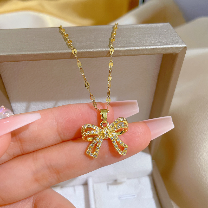 Yuanyan DIEYURO 316L Stainless Steel Sparkling Zirconia Bowknot Pendant Necklace For Women New Sweet Girls Clavicle Chain Jewelry Gifts