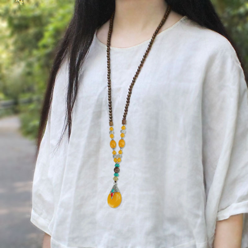 【Good sharing!】Ethnic Style Imitation Beeswax Water Drop Necklace Wooden Beaded Long Woolen Chain Women's Pendant All-match Cotton and Linen Clothes Accessories