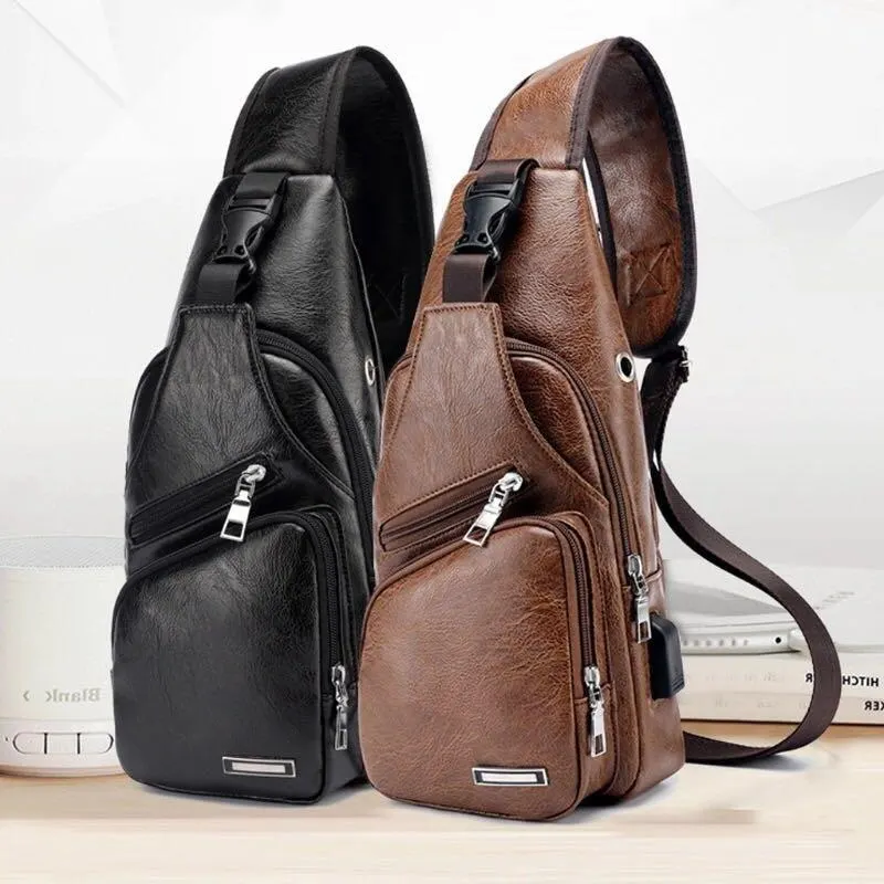 One Side Leather Chest Bag With USB Charging Port For Men (6 Month Warranty)