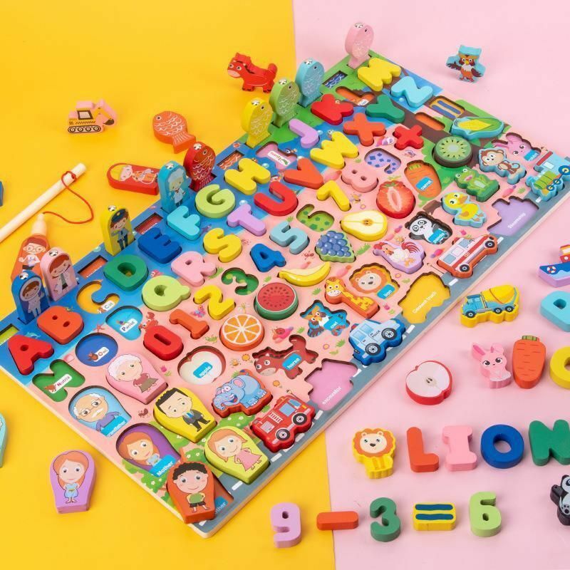 AT Alphabet Number Shape Matching 3D Puzzle Board Game Montessori toys