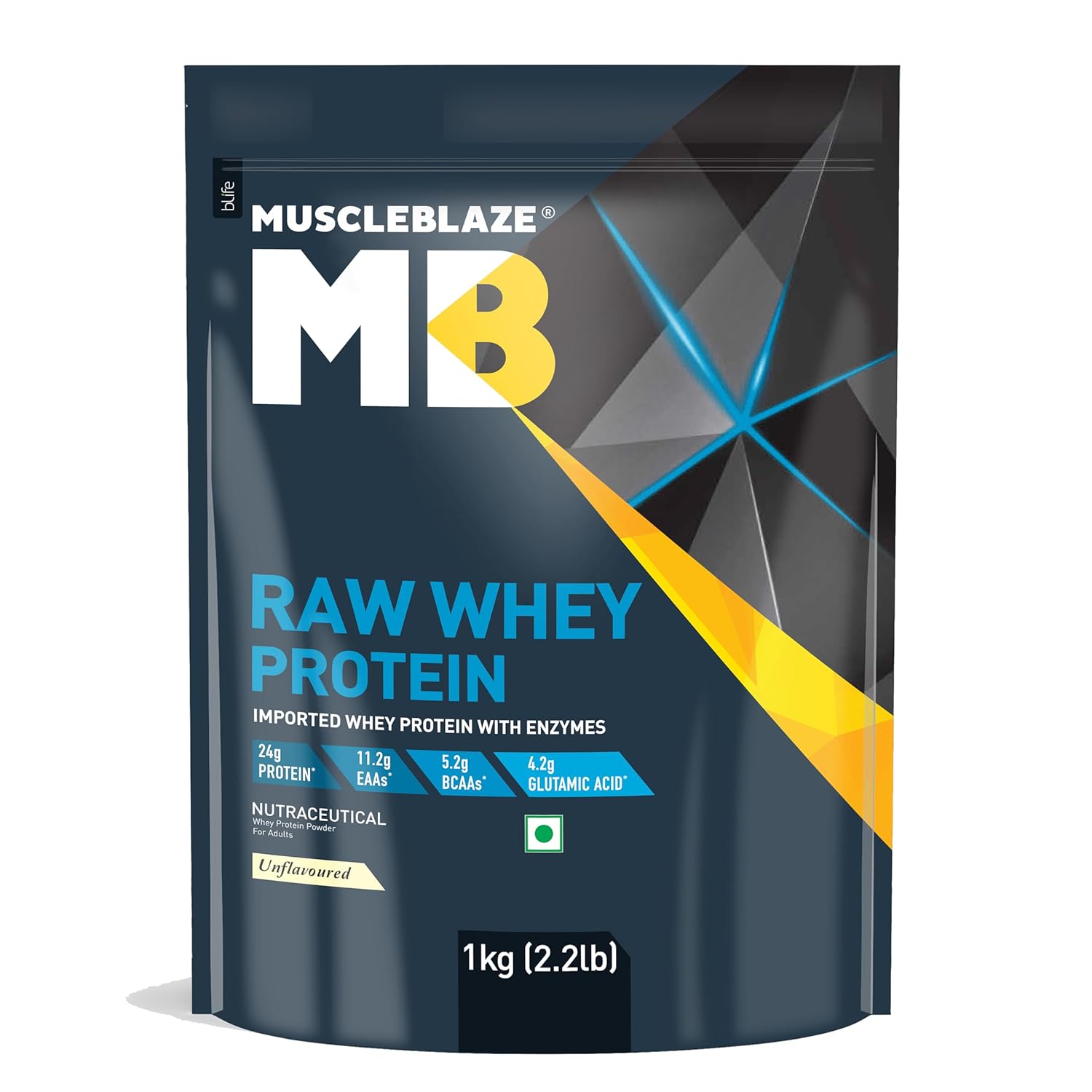 MuscleBlaze Raw Whey Powder 1kg 100% Whey Concentrate Unflavoured with Digestive Enzymes Added