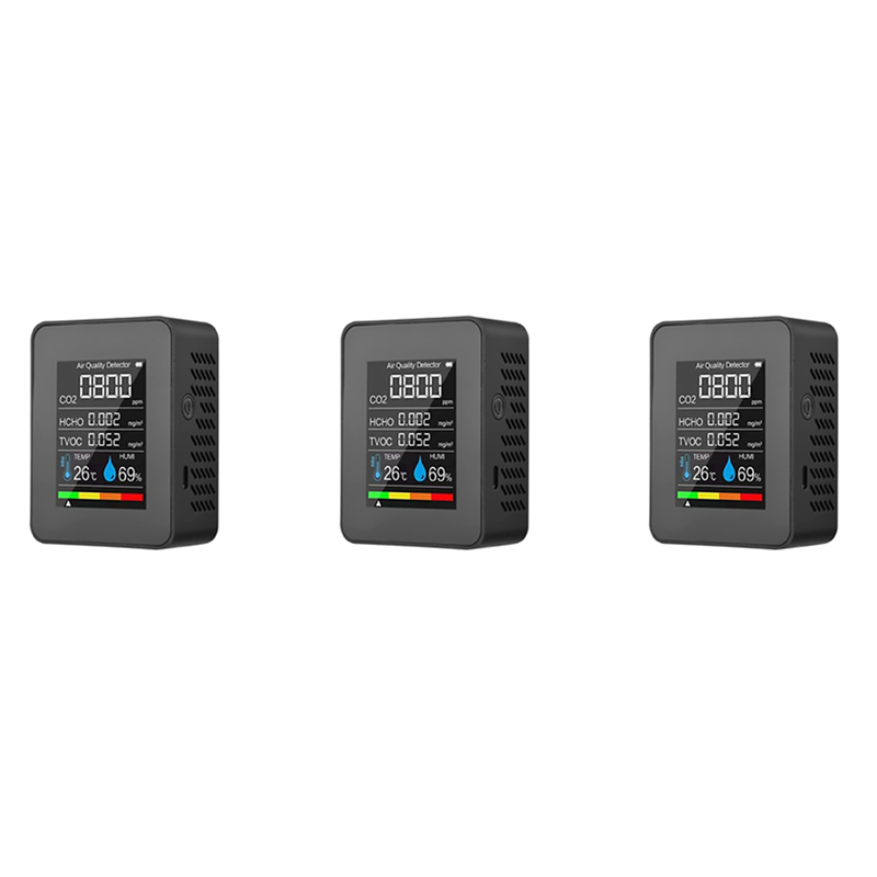 (GGBR) 3X 5 In 1 Air Quality Monitor TVOC HCHO Temperature Humidity CO2 Meter, USB Rechargeable CO2 Detector Black