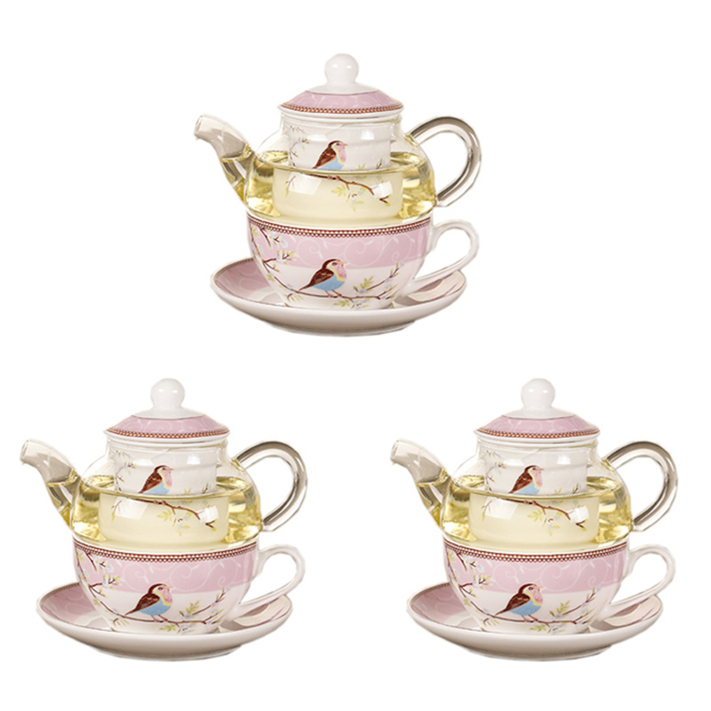NXFDSIOZ 3X Ceramic Flower Teapot Flower Bird Cup Saucer Heat-Resistant Glass Pot Set Coffee Cup Afternoon Tea Tea Set Pink