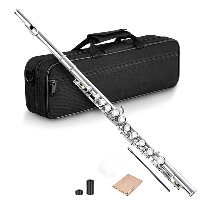 16 Closed Open Holes C Key Professional Transverse Flute Concert Musical Instrument with Box Cleaning Cloth Stick Gloves