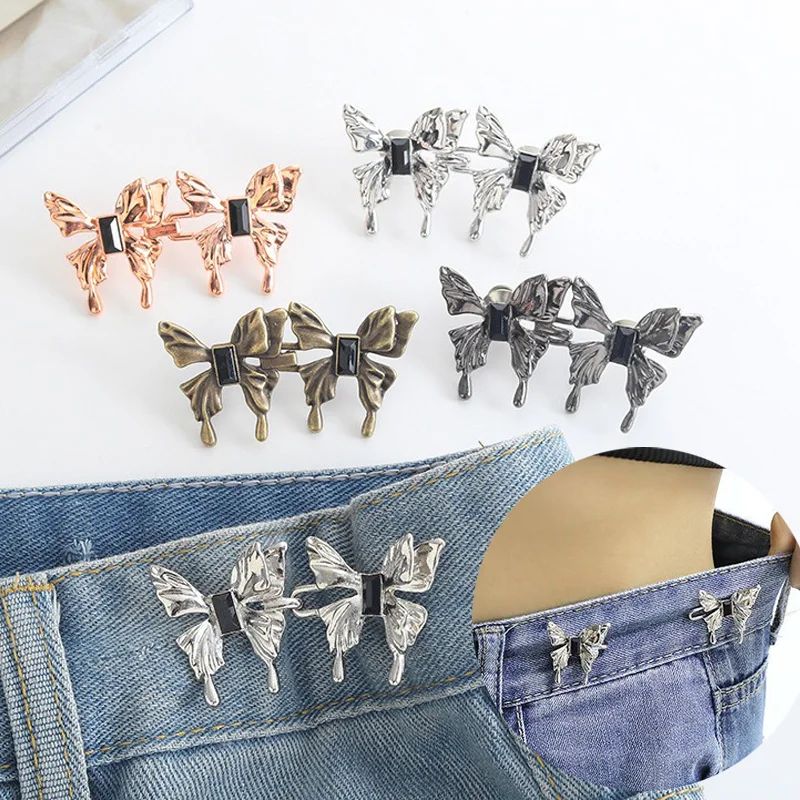 Butterfly Design Adjustable Jeans Button Clips - Waist Tightener Buckle, Snap-On Pants Adjuster for Skirts & Trousers