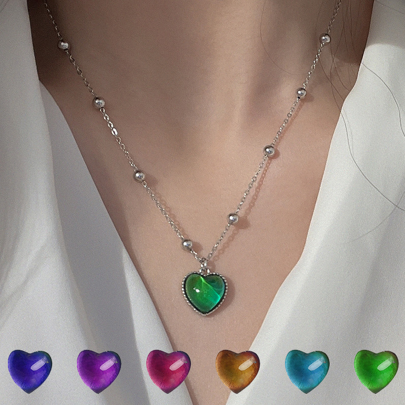 Yuanyan GUFTM New Creative Mood Necklace Color Change Emotion Feeling Temperature Control Heart Pendant Metal Chain Jewelry for Girl