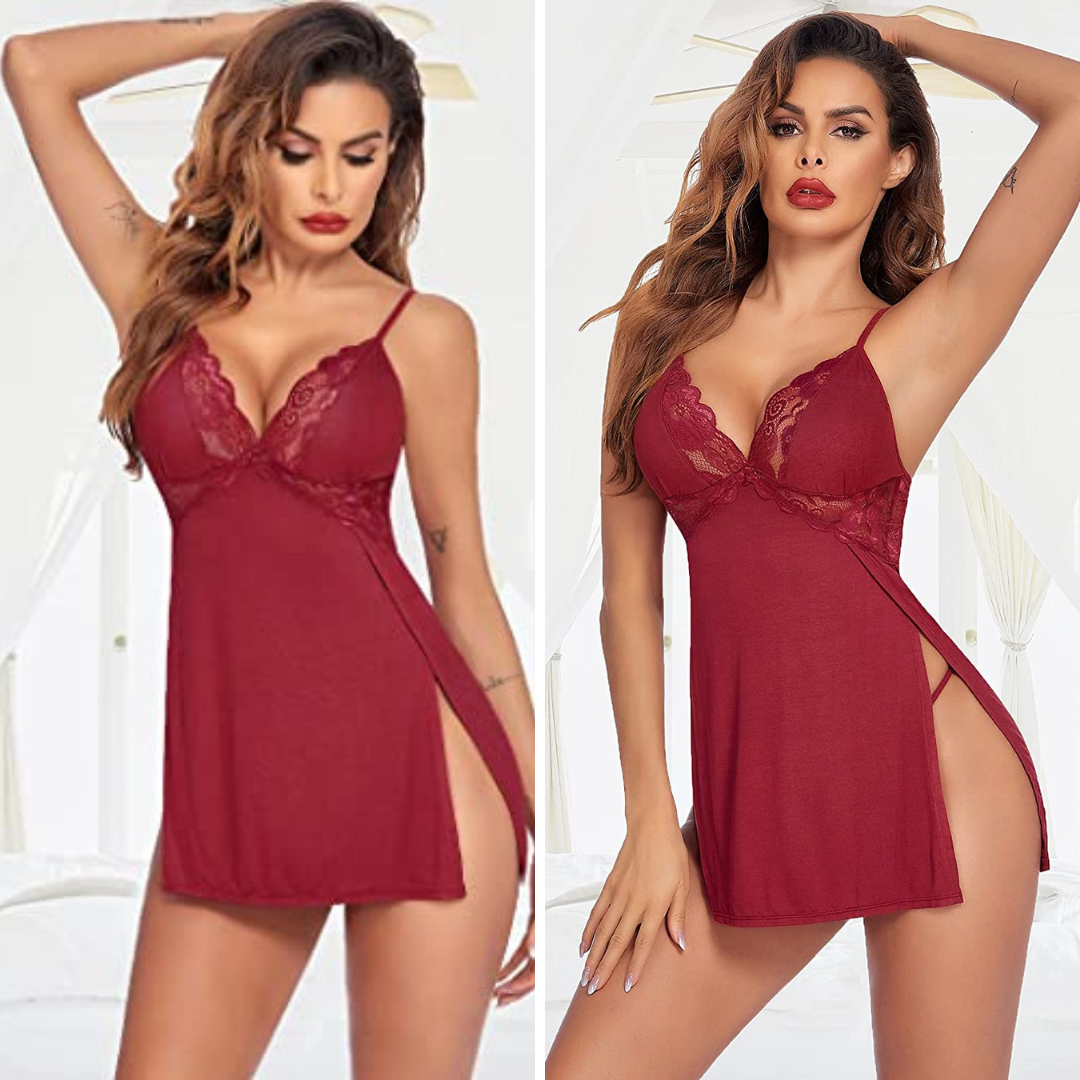 Elegant Lingerie Lace Chemise Nightgown Babydoll Side Slit Women Sleepwear Free Size Wine Red Color