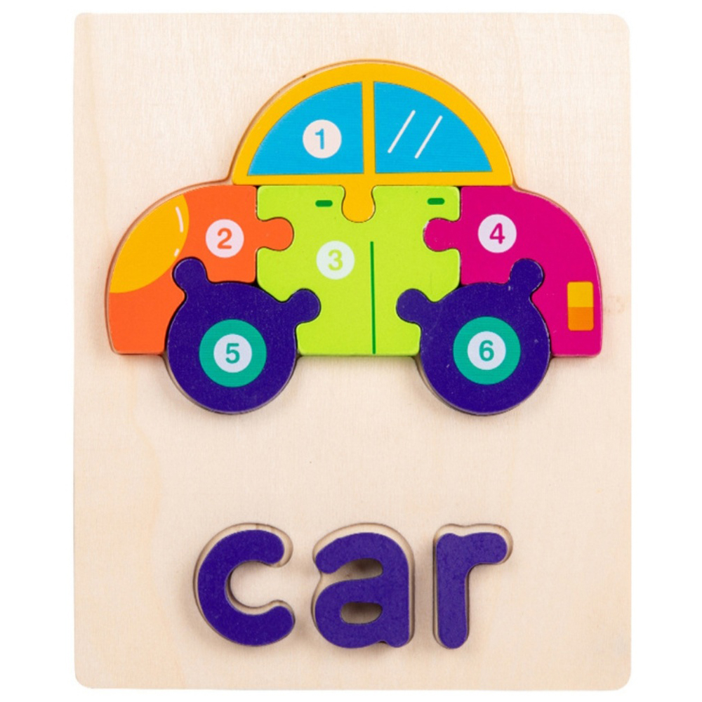 Cute Baby - Wooden Car 3D Puzzle for Kids - Montessori Educational Jigsaw Toy - Number & Alphabet Learning - Preschool Vehicle Puzzle Board (15cm x 18cm)