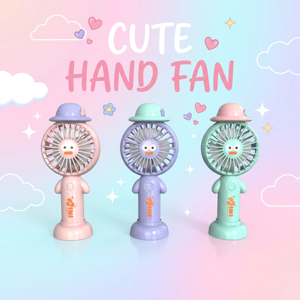 Cute Mini Handheld Fan - Portable USB Rechargeable Desktop & Travel Cooling Fan with Cartoon Duck Design, Quiet Operation, 3 Speeds for Kids, Students, Office, Summer Essentials