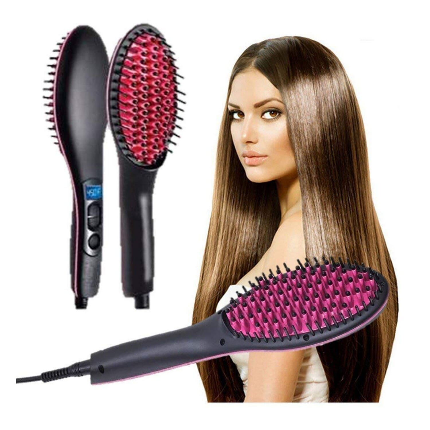 2 In 1 Ceramic Electric Hair Straightener Comb Brush With Temperature Control Button With Lcd Screen By Trendwave
