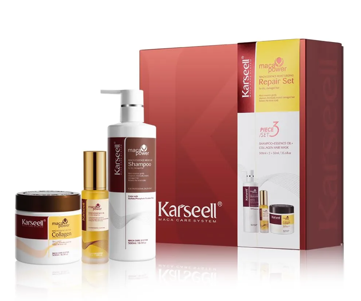 Karseell Maca Essence Moisturizing Repair Set | Collagen Hair Mask 500ml + Shampoo 500ml + Hair Oil 50ml | Hair Repair & Nourishing Set