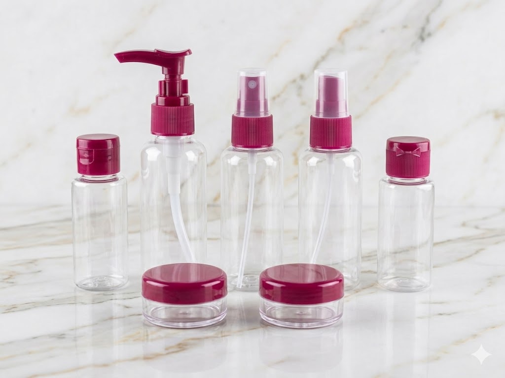 7 Pieces Empty Travel Bottles Set with Pump, Spray & Cream Jars - Refillable Cosmetic Containers Kit