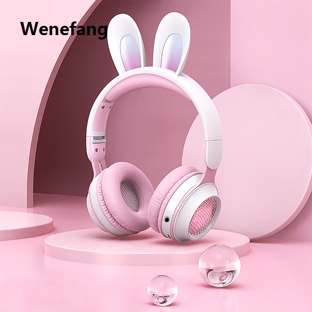 Wenefang 【New Innovation】2023 New Wireless Earphones Rgb Led Cute Rabbit Ears Headset With Mic Stereo Music Bluetooth Headphones Children Gamer Headset