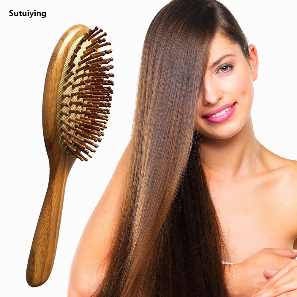 Sutuiying 2pcs portable bamboo and wood brush massage comb anti-static Luxury scalp comb safety airbag hair styling comb