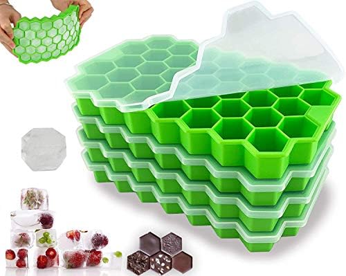 Silicone Ice Cube Trays 4 Pack with Lids | BPA FREE | Hexagon Shaped | 148 Cubes, 37 Cubes/Tray