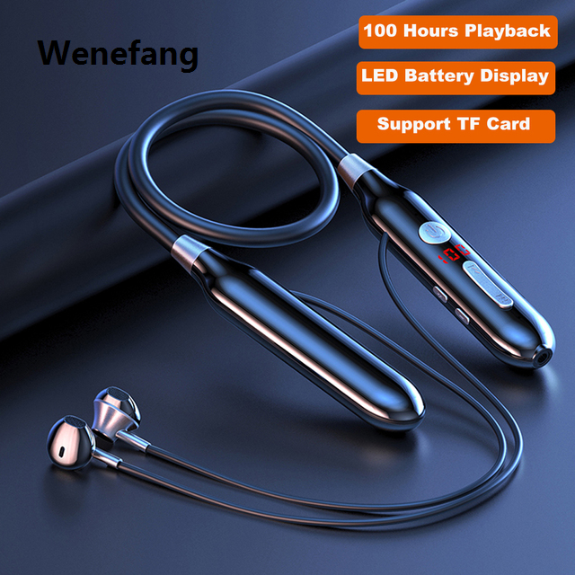 Wenefang 【New design】60 Hour Earphone Endurance Bluetooth Headphones Stereo Bass Wireless Headphone Neckband Power Led Display Headset Tf Card Magnet