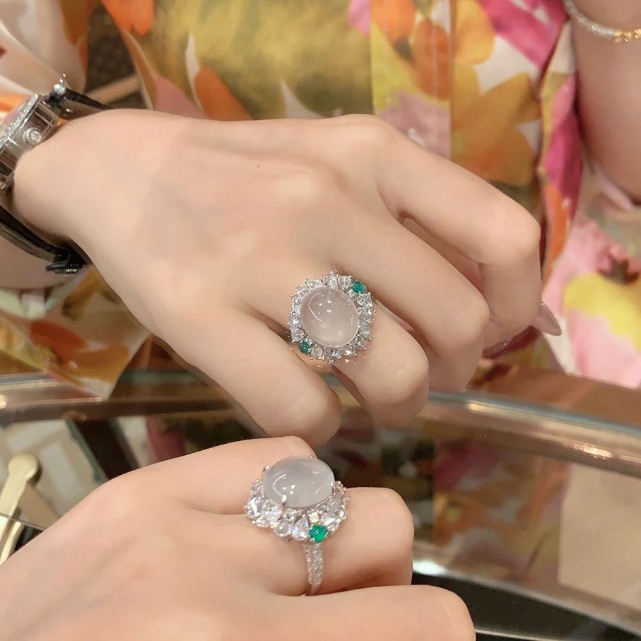 【Mega New Chinese Style National Style Natural Ice Penetrant Chalcedony Jade Full Diamond Ring Women's Literary Temperament Opening