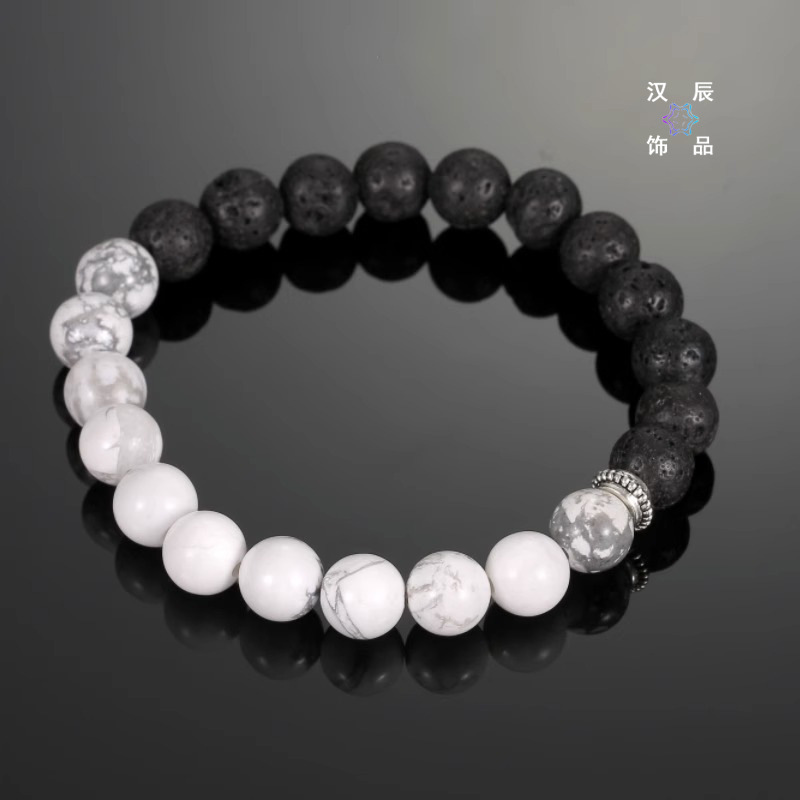 【New arrivals】Black and White Colored Volcanic Stone Full Bead Bracelet Men's Trendy Fashion Accessories High-grade Feeling Playing Jewelry Bracelet