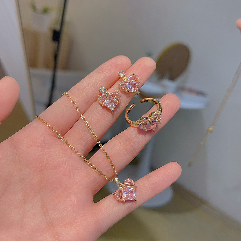 1 Piece Austrian Crystal Heart Pendant Necklace Earrings for Women Looks Like Original Gold Plated Hypoallergenic Jewelry Set.