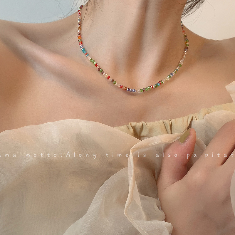 【Mega Sale】2022 New Color Crystal Beaded Necklace Women's Summer Clavicle Chain Niche Design Rainbow Beads Necklace Chain