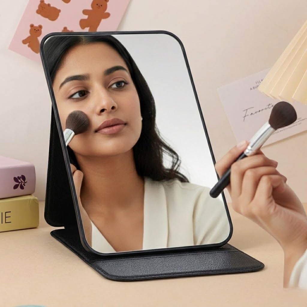 1 Piece Portable Tabletop Vanity Mirror with Foldable Stand - HD Clear Reflection Makeup Mirror for Home, Office & Travel (Black)