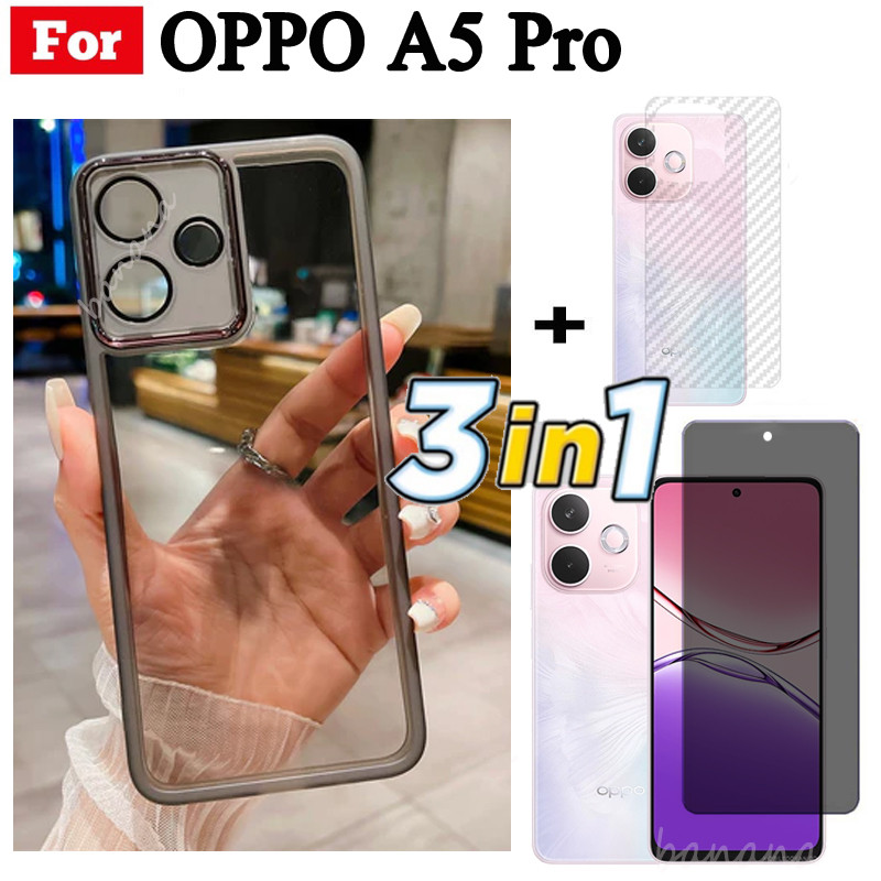 3 in 1 OPPO A5 Pro A58 4G 5G A3X TPU Soft Silicone Transparent Phone Cover with Camera Protective Film Back Cover + Privacy Tempered Glass+Back Film