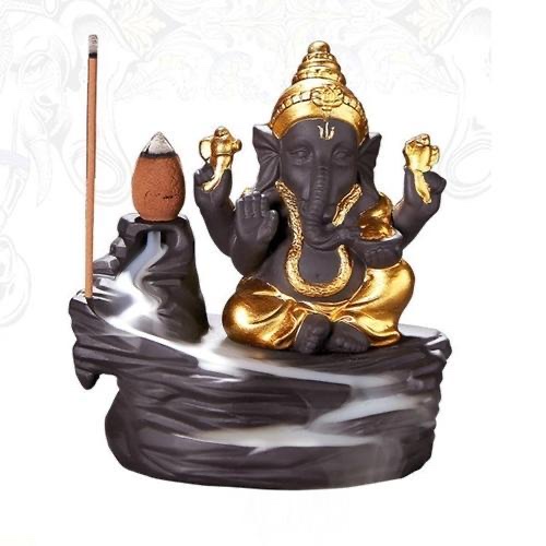 Ganesha Sitting on Lotus Backflow Incense Burner Figurine Statue