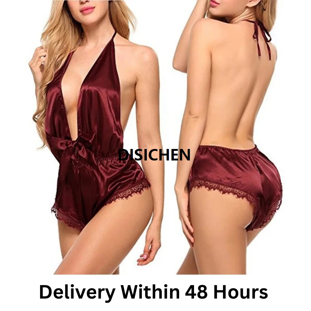 DISICHEN V-Neck Stylish [Quick Delivery] Backless Satin Red Small Breast Onesie Pajamas Lace Sleeveless Women's Lingerie Set Special