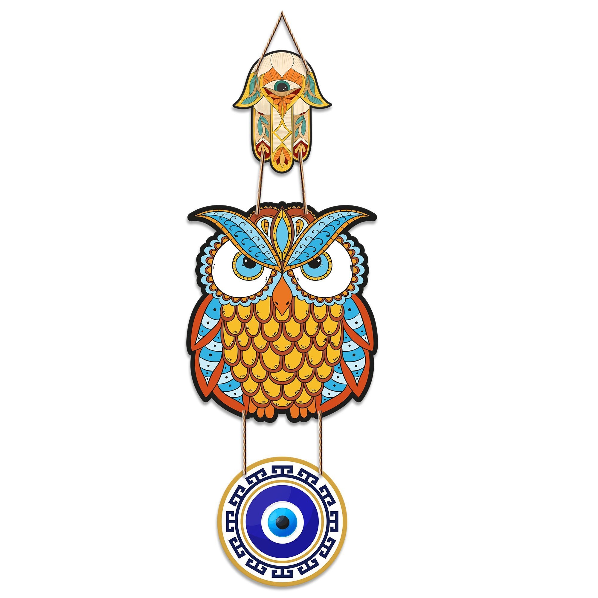 Designer Owl Evil Eye Wooden Wall Hanging For Home Decor (18x6.5 Inches), Nazar Battu for Home & Office, Bedroom Positive Energy, Good Luck Ornament Decorative Wall Art Hanger, Bedroom, Office, Kitchen, Nazar Raksha