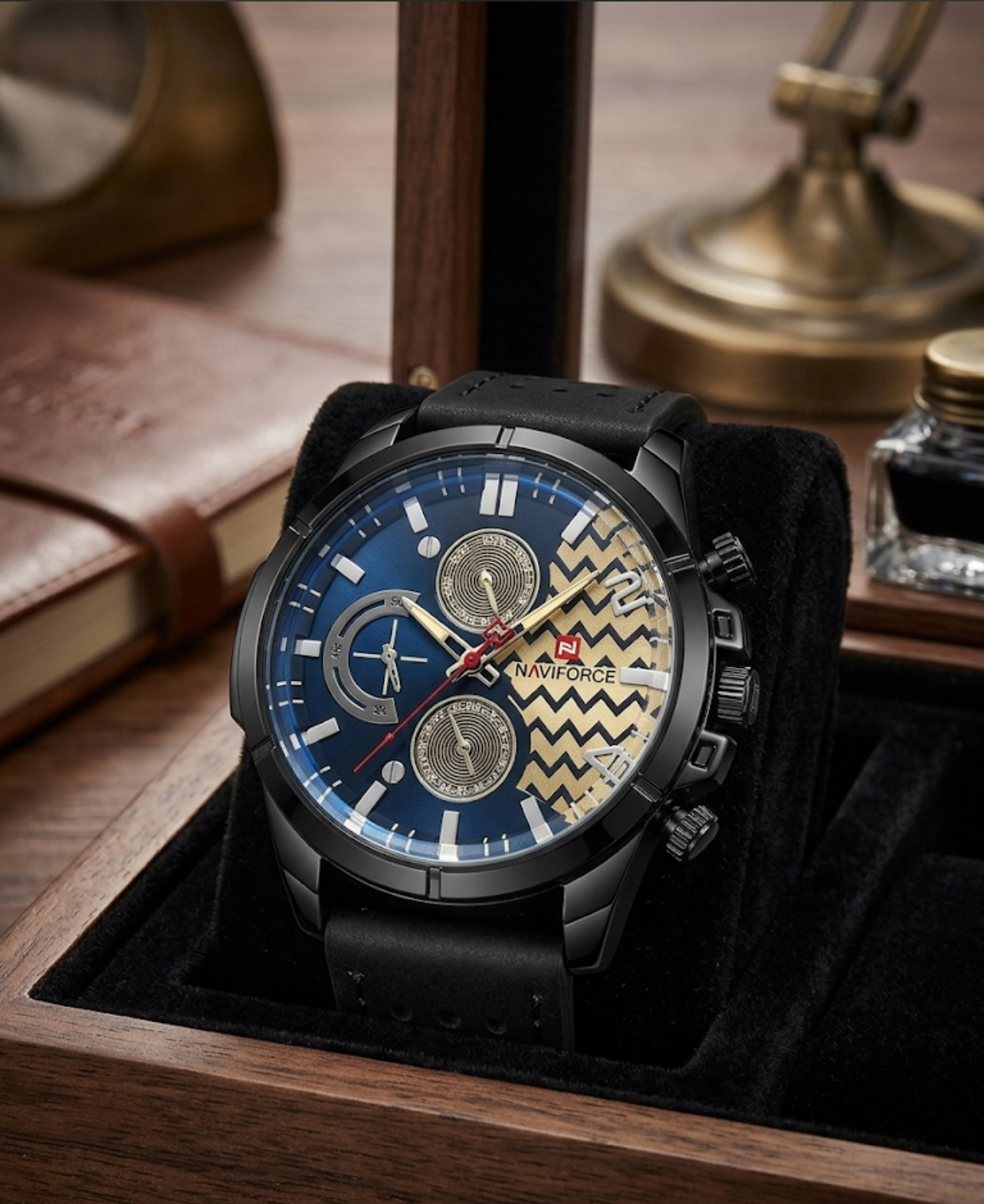 Leather Strap Attractive Round Black Dial Casual Watch For Boys-Sold By Time Plaza