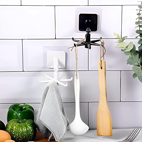 Wall Mounting Self Adhesive Plastic 360 Degree Rotatable Hook for Kitchen Tools Hanging, Spoon and Spatula Hanger Hook