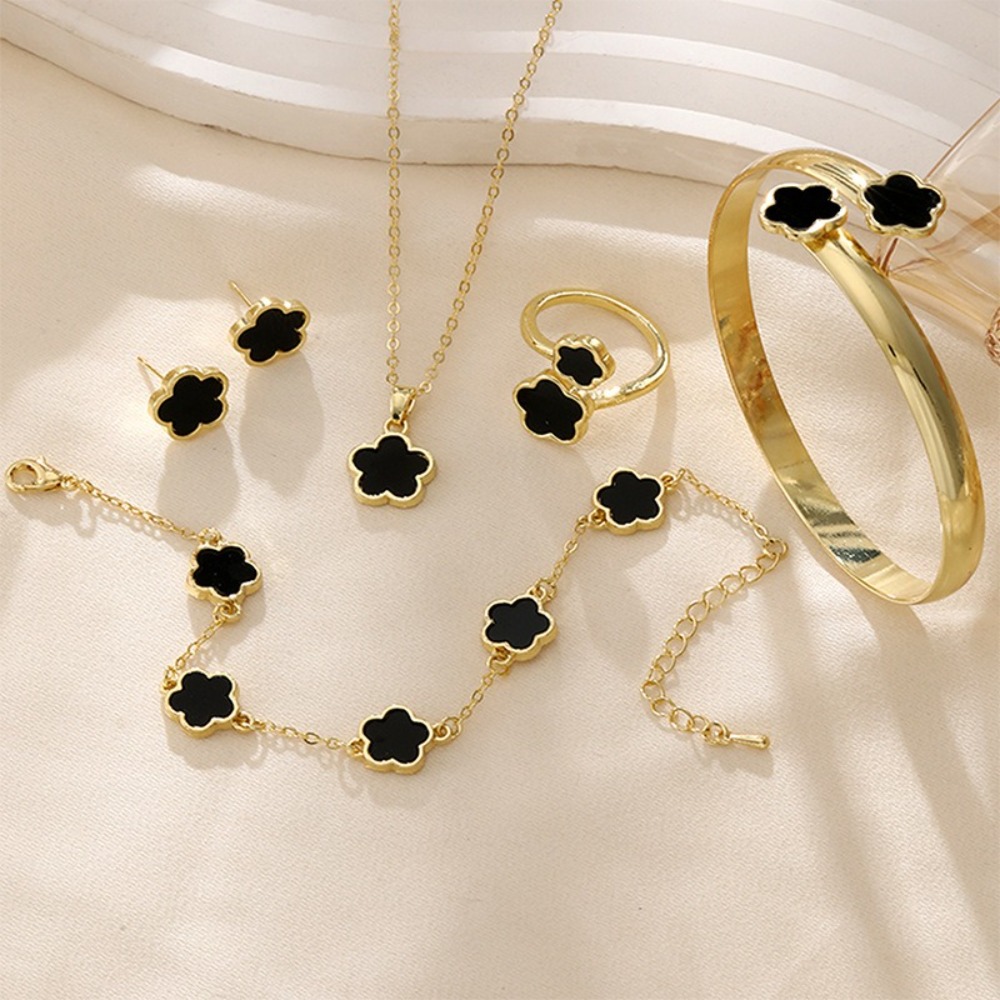 5Pcs/Set Trendy Alloy Five Leaf Clover Jewelry Set Plum Blossom Laser Metal Lucky Flower Jewelry Adjustable Five Leaf Flower Women's Necklace Elegance Style