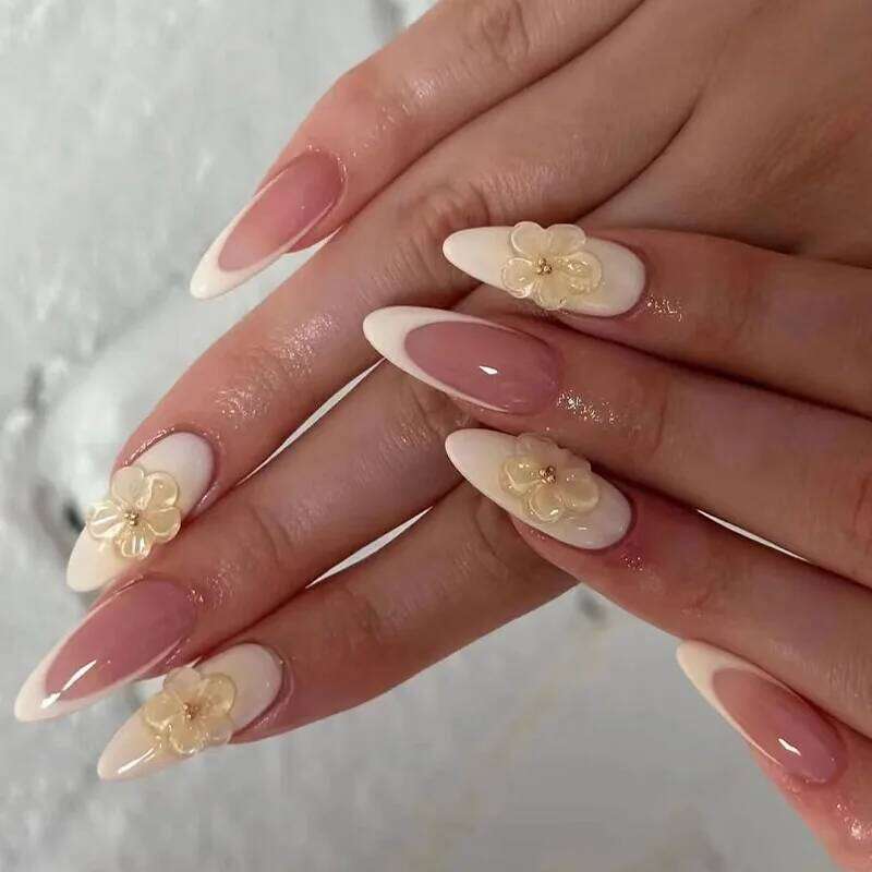 24pcs 3D Yellow Flower Fake Ins Simple Solid Color French Al Wearable Detachable Press on Nails for Women Girl
