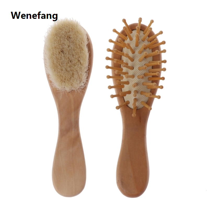 Wenefang 2Pcs/Set Newborn Wooden Brush Comb Baby Boy Girl Soft Hair Brush for Head Massager Easy-carry Handle Brush Baby Hairbrus