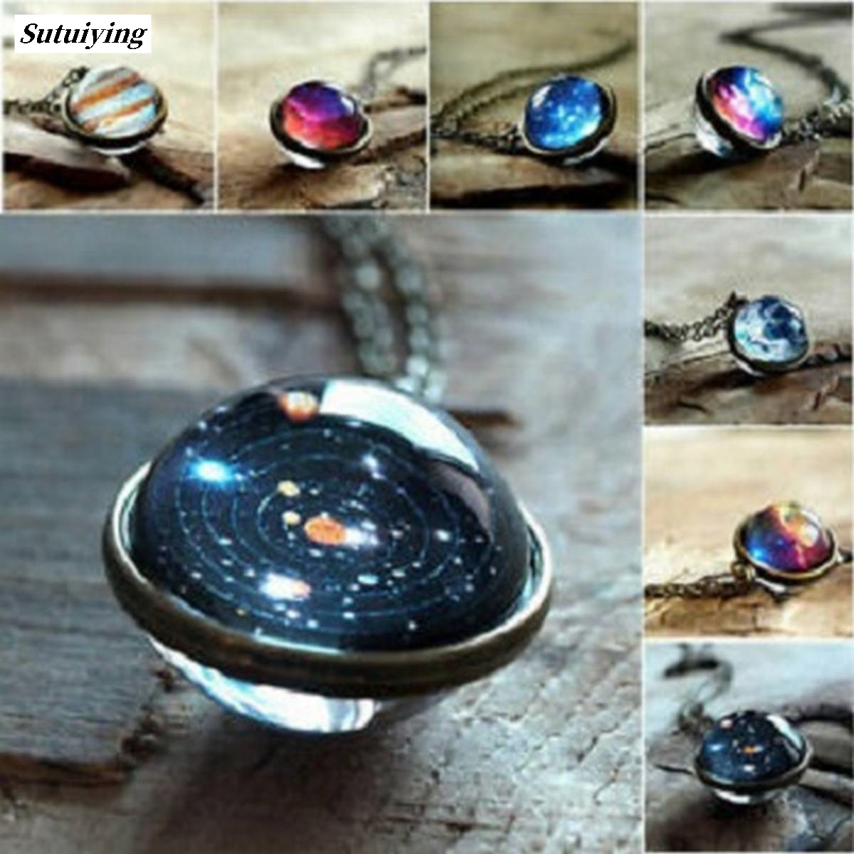 Sutuiying Solar System Necklace Pendant Planet Glow Portable In Dark Galaxy Double Sided Glass Dome
