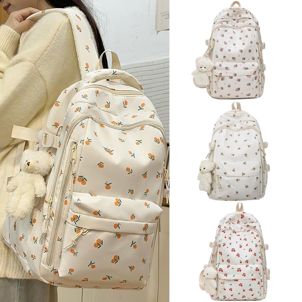 Aesthetic Nylon Student's School Bag Large Capacity Preppy Style Women's Backpack with Pendant Floral Pattern Travel Rucksack Outdoor Travel
