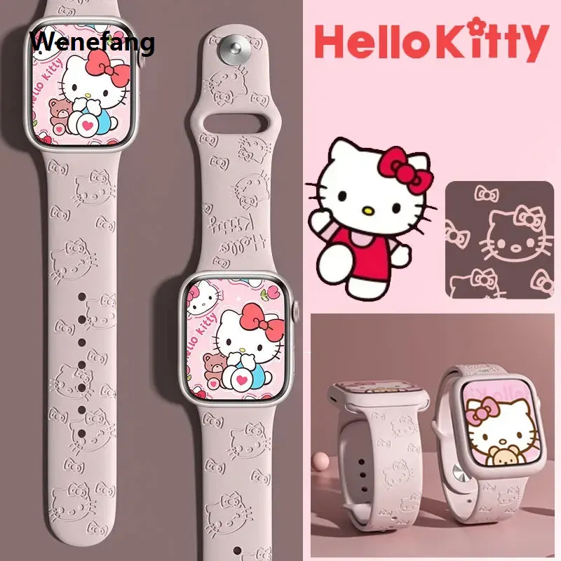 Wenefang Sanrio Hello Kitty Apple Watch Band 38mm 40mm 41mm 42mm 44mm Portable 45mm 49mm Silicone Carved Bracelet lwatch 8 Ultra 7 Se