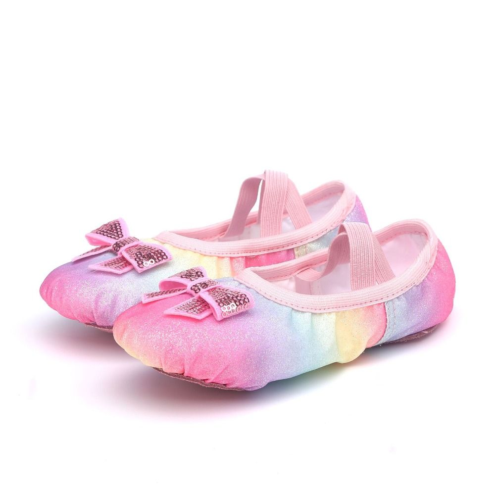 1pair Indoor Girls' Dancing Shoes Star Rainbow Embroidered Lace Bow Shoes Soft Sole Ballet Shoes Girls