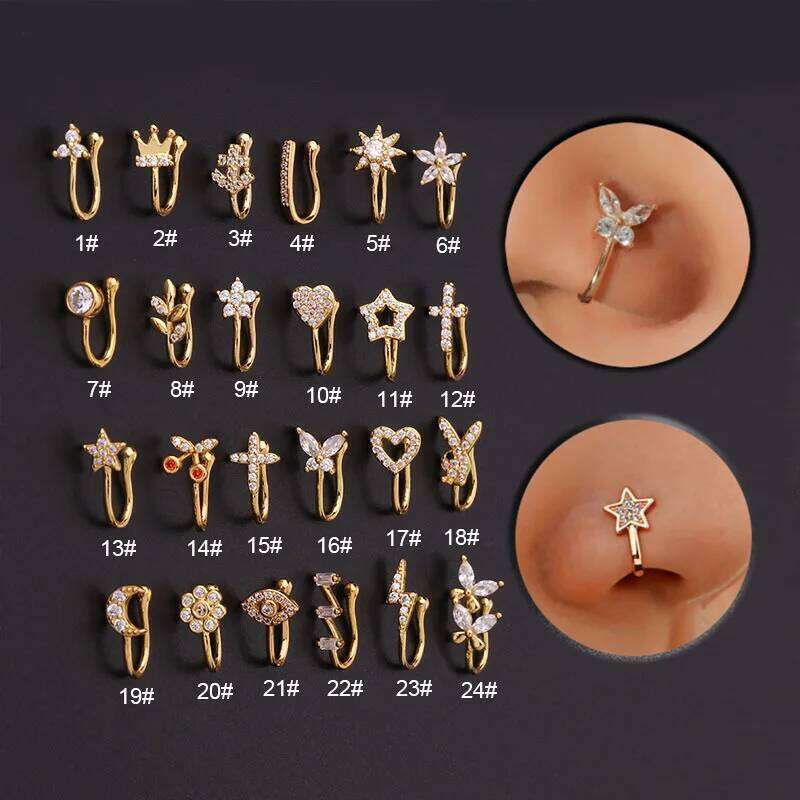 Fake Piercing Nose Ring Cuff Body Jewelry for Women New Trend 1PCS Ear Cuffs Heart Star Flowers Butterfly Clip Rings KAE197